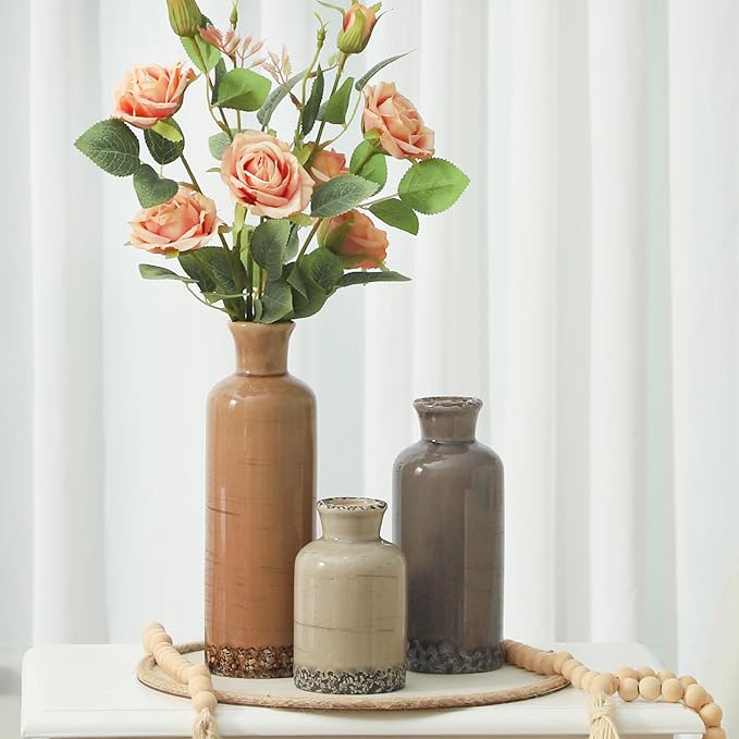 Ceramic Vase Set of 3, Neutral Flower Vases Home Decor, Pottery Rustic Farmhouse Decorative Vases Modern Decor for Table Mantel Entryway Bookshelf Living Room Kitchen Bedroom - Brown