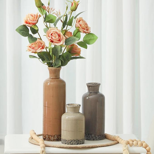 Ceramic Vase Set of 3, Neutral Flower Vases Home Decor, Pottery Rustic Farmhouse Decorative Vases Modern Decor for Table Mantel Entryway Bookshelf Living Room Kitchen Bedroom - Brown