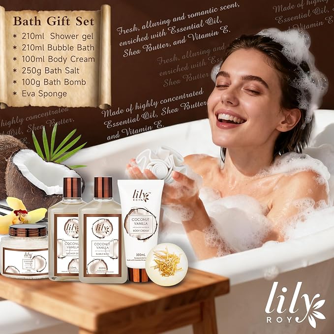 Christmas Gifts for Women - 7 Pcs Coconut Pampering Bath and Body Gift Basket Set for Women, Gift with Shower Gel | Valentine's, Birthday, Mothers Day Gifts for Mom, Perfect Gift for Mom All Occasion