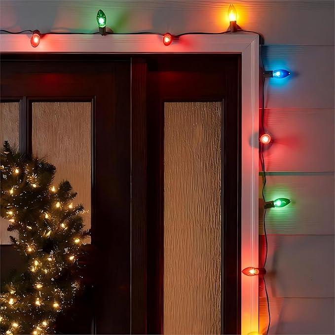 C7 Christmas Lights Outdoor, 25Ft Vintage Christmas String Lights with 27 Multicolor Clear Bulbs, Hanging Christmas Decorations Lights for Outdoor Indoor Roofline House Garden Patio Party Holiday