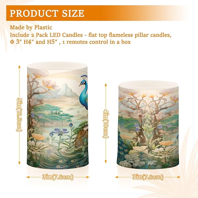 Flickering Flameless Candles, Peacock Garden LED Candles with Remote Timer, Set of 2 Battery Operated Candle for Valentine Wedding Birthday