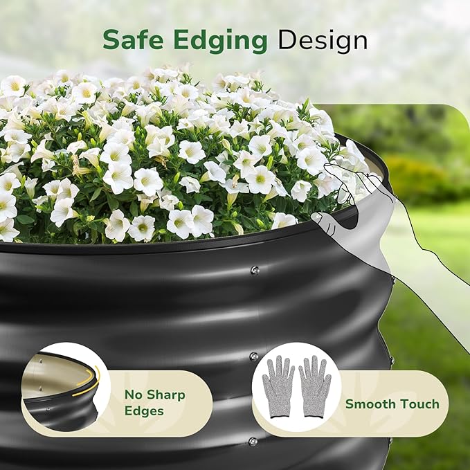 GreatBuddy 2x2x1 ft Round Galvanized Raised Bed, Easy-Assembly Raised Garden Bed with Anti-Cut Gloves & Tools, Rust-Proof Garden Bed for Outdoor, Vegetables, Herbs, Small Trees, Black
