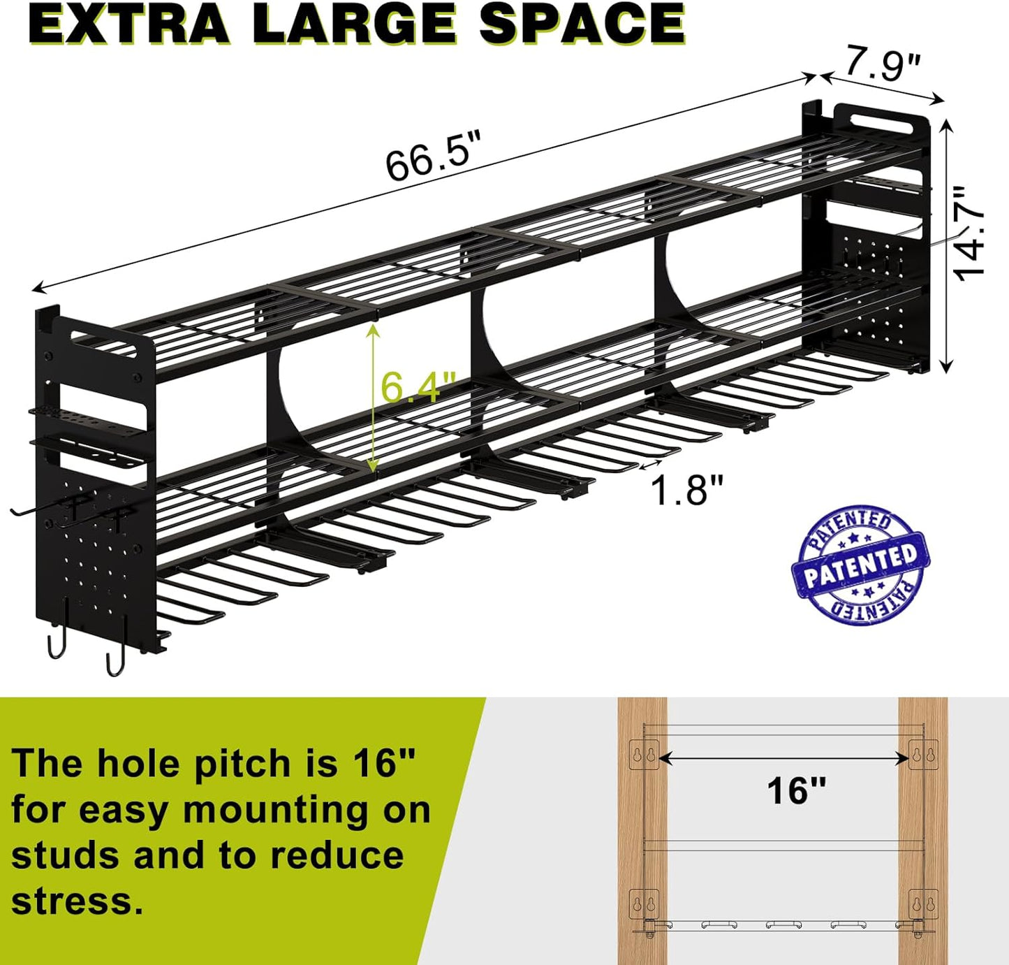 64" Power Tool Organizer Wall Mount, 16 Slots, 3-Tier Drill & Cordless Tool Storage Holder with Pegboard Sides, Tool Wall Organizer for Garage & Workshop Black