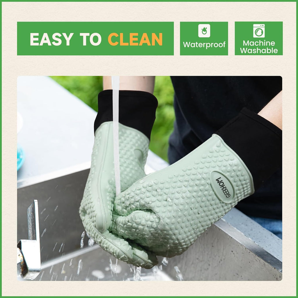 GEEKHOM BBQ Gloves Heat Resistant Oven Mitts - Silicone Grilling Gloves with 14" Long Arm Protection - Waterproof Pot Holder Non-Slip for Men & Women, Kitchen Cooking, Baking, Camping, Mint Green