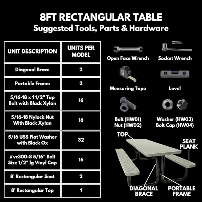 Coated Outdoor Furniture Heavy-Duty Portable Outdoor Picnic Table, Thermoplastic Coated Punched Steel Commercial-Grade Patio Dining Furniture Made in America (8ft Rectangular, Textured Black)