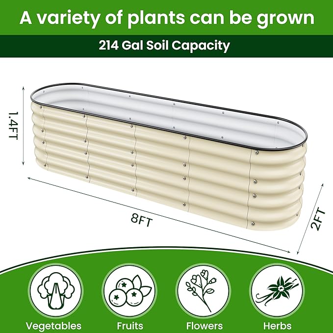 8 X 2 X 1.4Ft Raised Garden Beds Kits, Galvanized Raised Garden Beds Outdoor Planter Box for Vegetables, Gardening, Flowers, Fruits etc(Ivory)