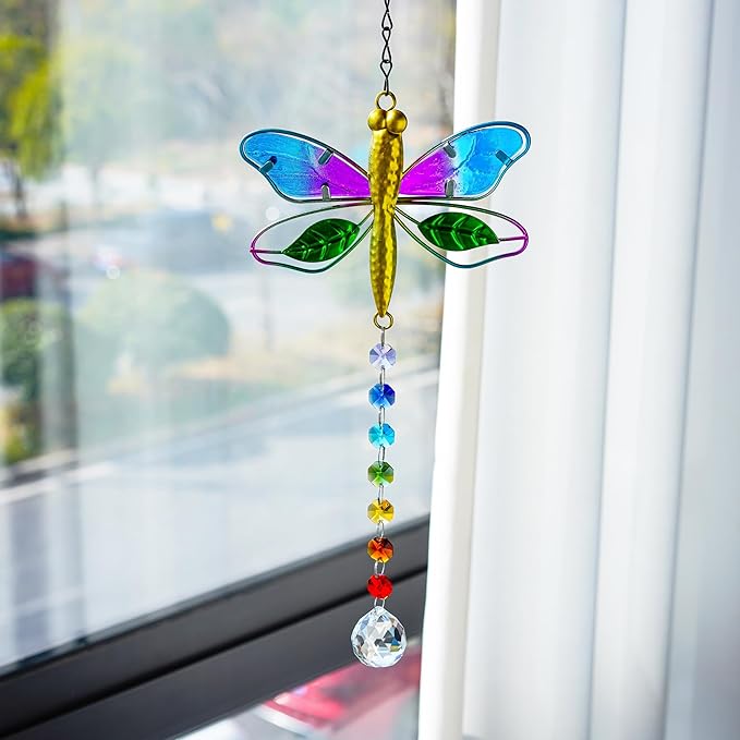 Dragonfly Decor Stained Glass Suncatcher for Windows Hanging Crystal Sun Catcher Prism Rainbow Maker Pendant