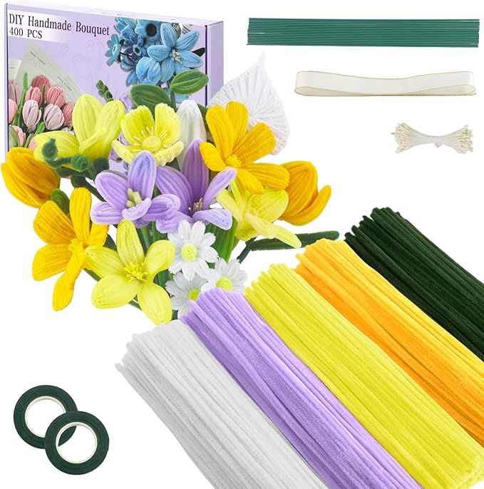 400 Pcs Pipe Cleaners Craft,6 Assorted Colors Pipe Cleaners Bulk, Chenille Stems for DIY Flower Making Kit with Floral Wires, Gardening Tape,Stamen& Ribbon (Yellow)