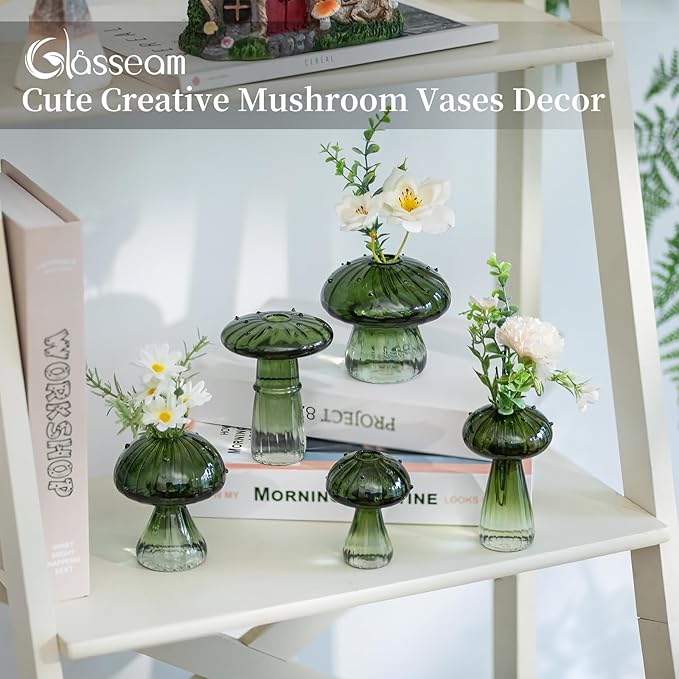 Glasseam Mushroom Plant Propagation Stations: Green Glass Terrarium Jar Set of 5 Cute Planters for Indoor Plants Mini Propagate Station Unique Christmas Birthday Gifts for Women Home Office Decor
