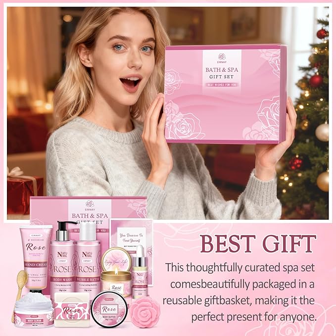 Gifts for Women,12pc Rose Scented Bath and Body Set Birthday Gift Baksket for Women Home Spa Bath Set for Her Mom Sister Wife Friend Christmas Stocking Stuffers Gifts