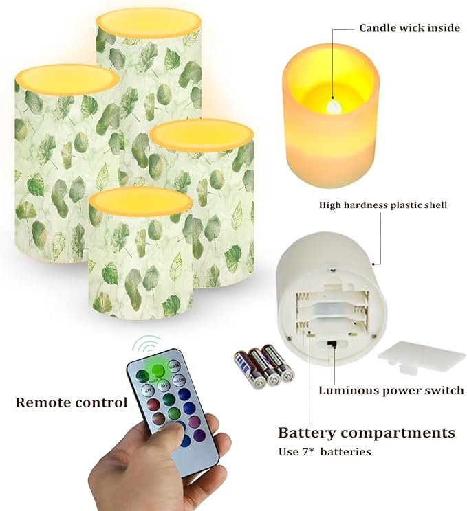 Flameless Candles Battery Powered LED Candles with Remote Timer Color Changing Control Long Lasting for Indoor Outdoor Home Decoration Set of 4, Green Leaf Lotus Leaf