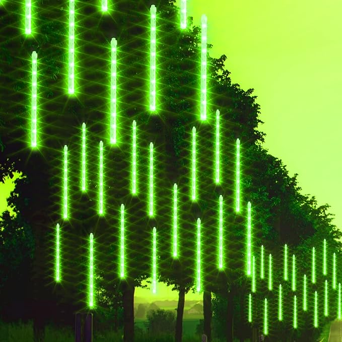 Dazzle Bright 288 LED Christmas Light, 11.8 Inch Meteor Shower Rain Lights with 8 Tubes, Waterproof Plug in Falling Rain Lights Christmas Decorations for Xmas Bushes Tree Yard Party (Green)