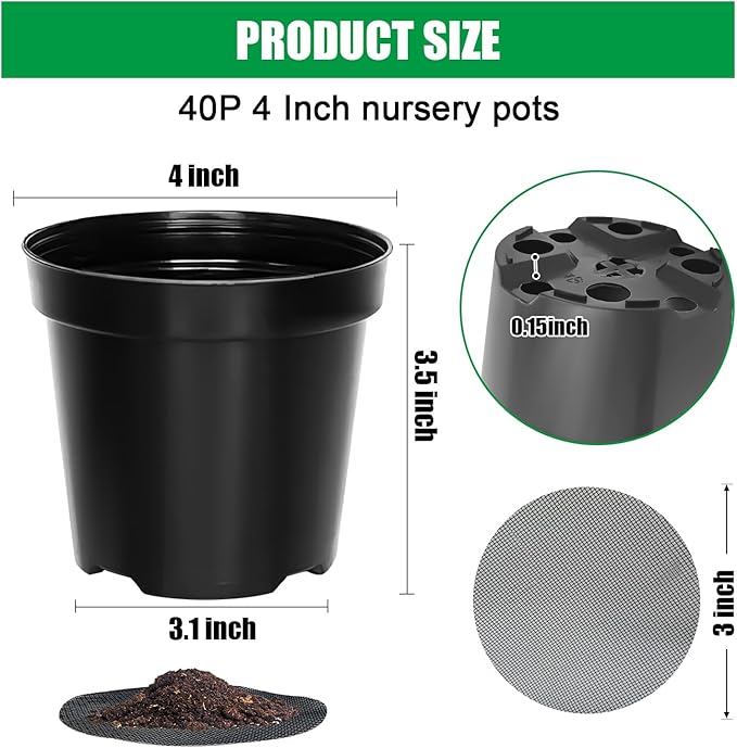 40 Pack 4 Inch Plant Nursery Pots with Mesh Pad, Sturdy Plastic Flower Planter Pots with Drainage Holes, Seed Starter Pots for Planting Seedings Cuttings Succulents Indoor Ourdoor, Black