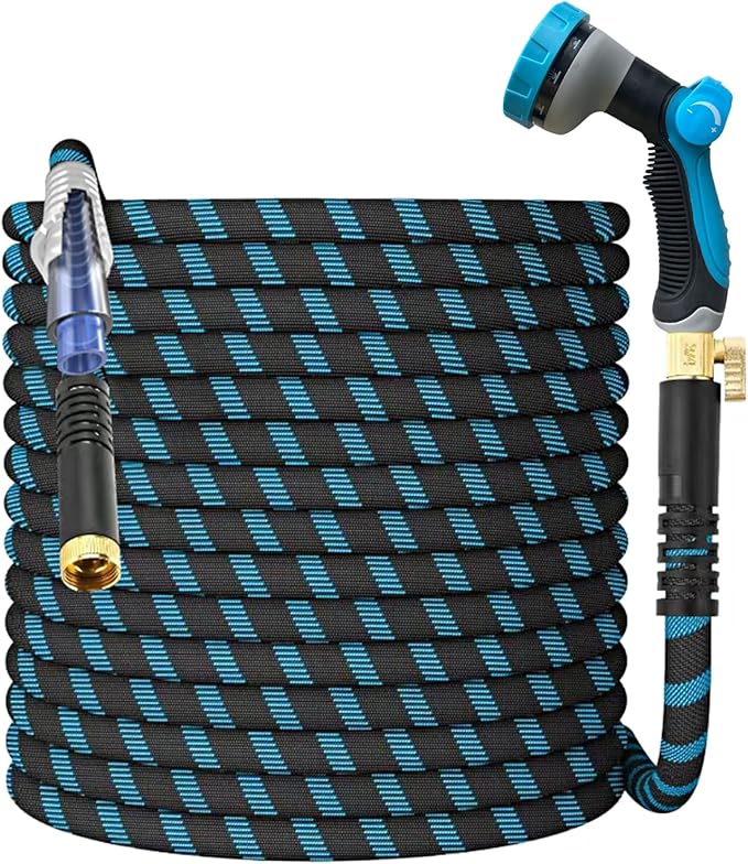 50Ft Non-Expandable Garden Hose, Flexible Water Hose with 10-Pattern Spray Nozzle, Lightweight Hose Pipe, Kink-Free, Leak-Proof, 3/4" Solid Metal Fittings