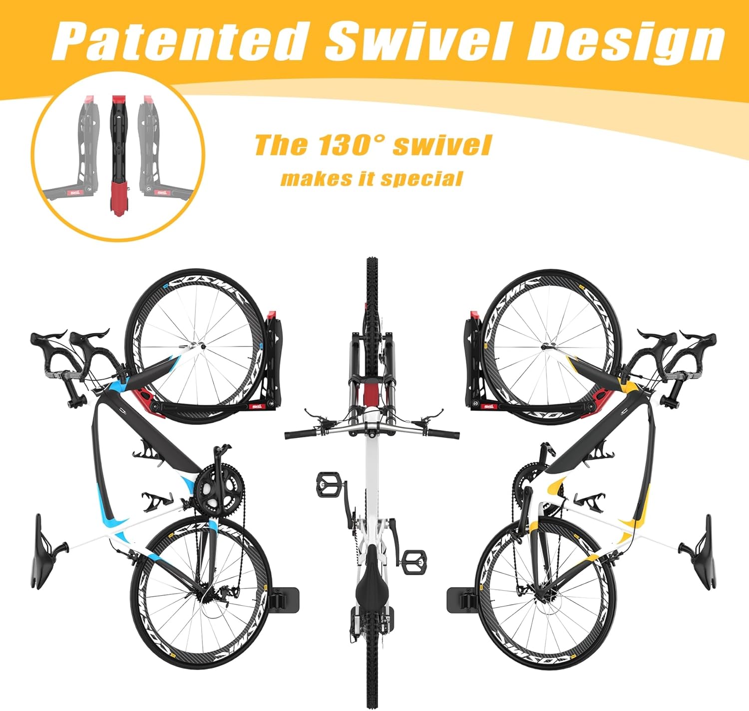 TORACK BIKEPAL No Lifting Swivel Bike Racks, Space Saving Wall Mounted Bike Holder for Garage, Bike Wall Hangers for Vertical Bike Storage (4 Pack)