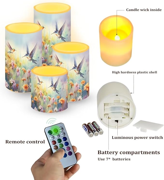 Flameless Candles Battery Powered LED Candles with Remote Timer Color Changing Control Long Lasting for Indoor Outdoor Home Decoration Set of 4, Hummingbird Daisy Purple