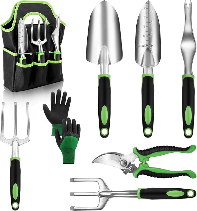 Garden Tool Set with Non Slip Rubber Grip,8 Piece Stainless Steel Gardening Tool Sets,Heavy Duty Outdoor Hand Tools Durable Storage Tote Bag,Uprooting Weeding Tool, Gifts for Women Men Green
