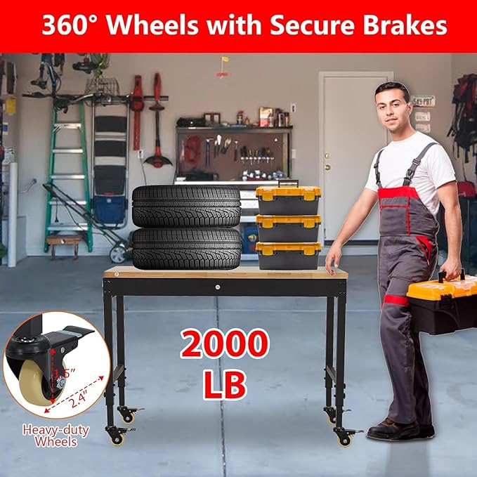 48'' Adjustable Workbench on Wheels, 2000LBS Heavy Duty Worktable with Power Outlets & Drawers & Pegboard, Rubberwood Workstation for Workshop, Garage, Office, Home