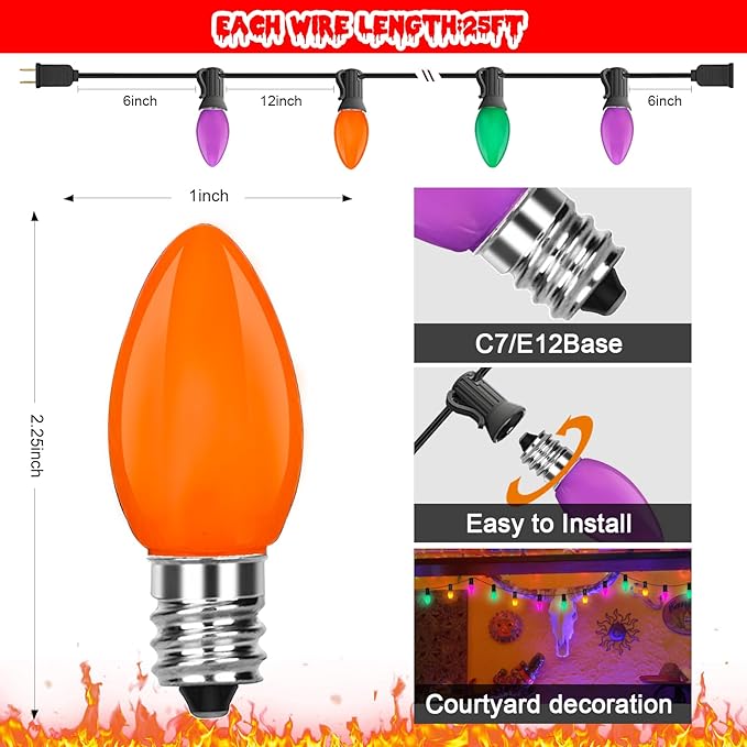 C7 LED Multicolor Christmas Lights, 25Ft with 27 Orange Green Purple Bulbs, Hanging Vintage Outdoor Christmas Decorations for Roofline Garden Patio Holiday Backyard