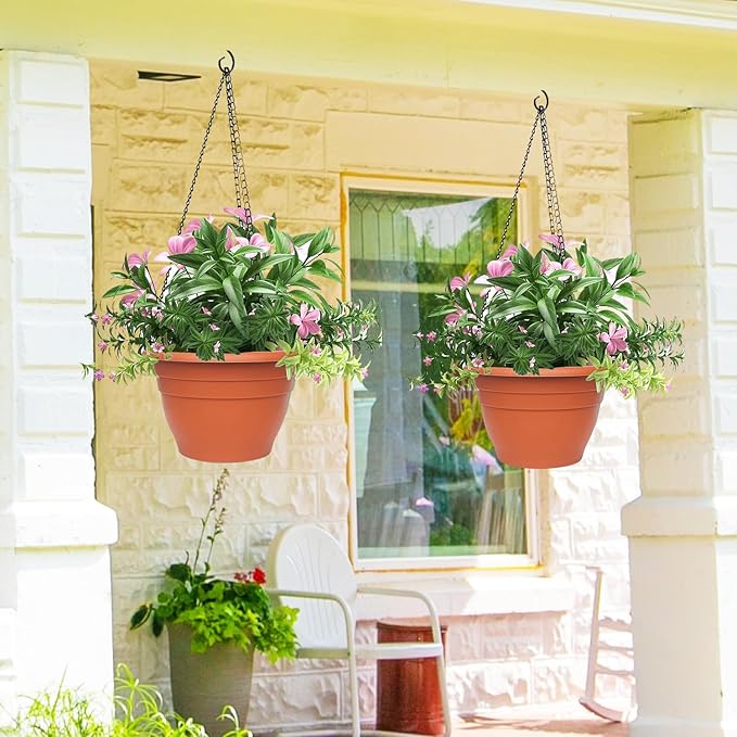 5 Packs Plant Pots, 10 Inch Planters Perfect for Indoor Outdoor Plants, Round Thickened Flower Pots with Drainage Hole, Plastic Garden Plant Planters(Pottery Red)