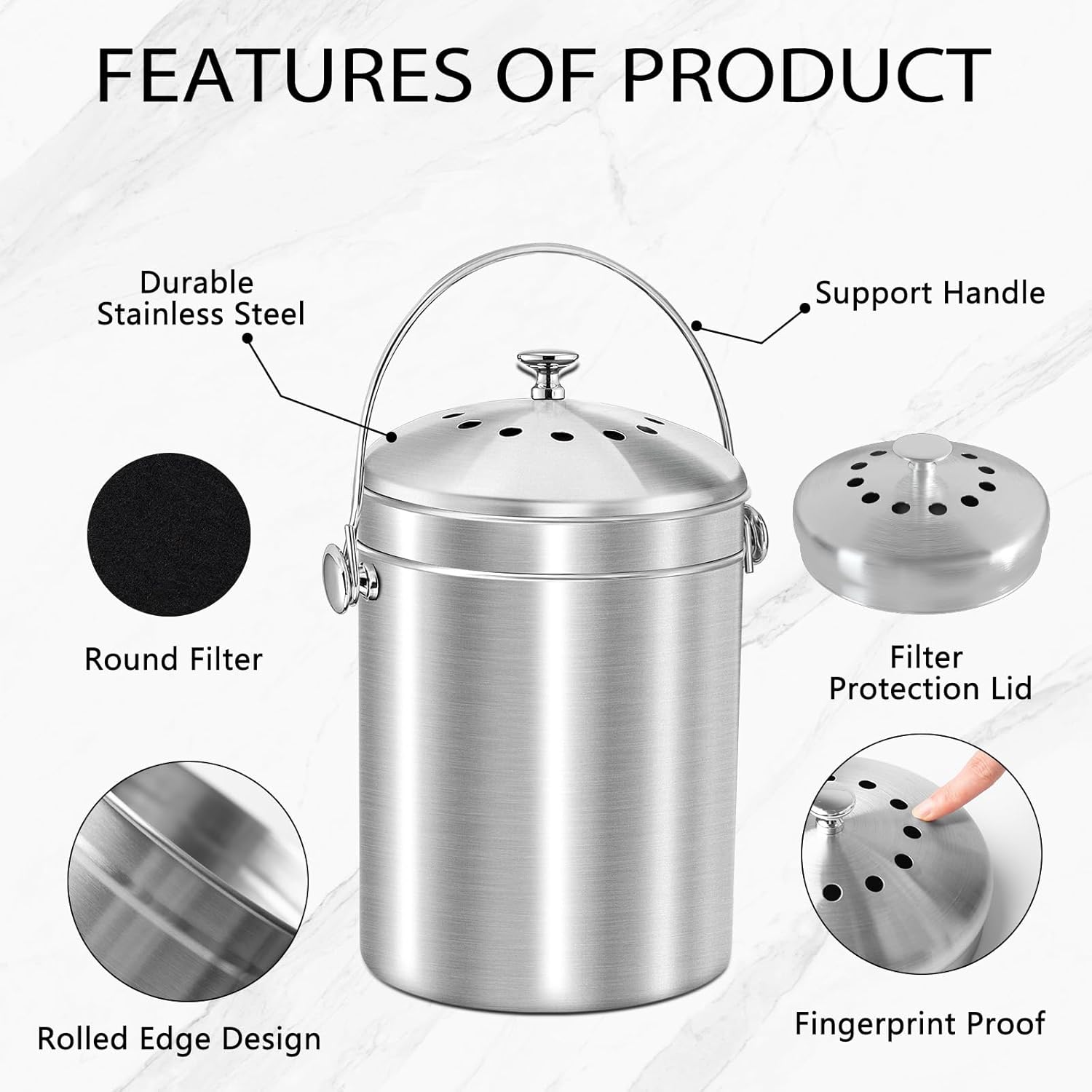 ENLOY Compost Bucket for Kitchen Countertop, 1.3 Gallon Stainless Steel Compost Bin Indoor with Lid, Odorless Food Waste Bucket with Charcoal Filter, Compost Pail for Kitchen with Carrying Handle