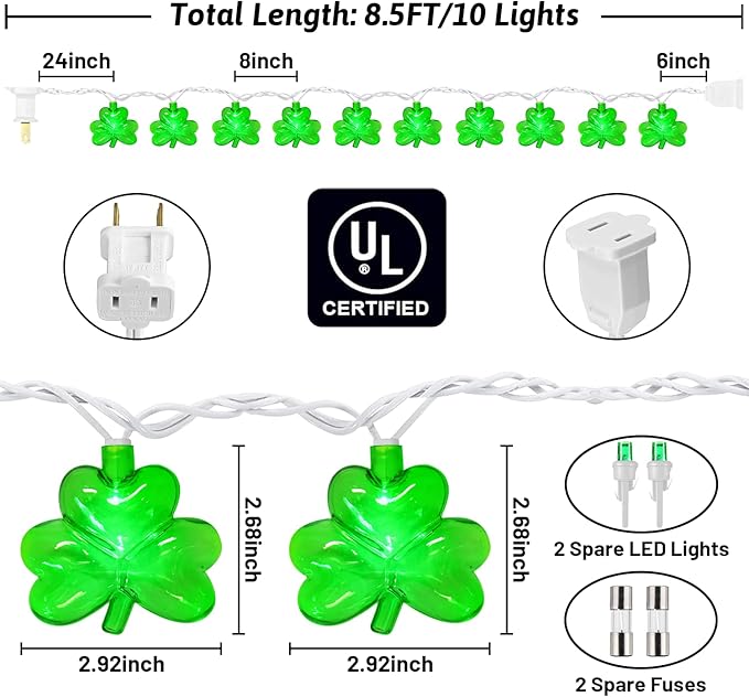 8.5FT Clear Green Shamrock Lights, St Patricks String Lights Outdoor Waterproof with 10 LED Light for rish Shamrock St Patrick's Day Party Indoor Home Garden Decorations