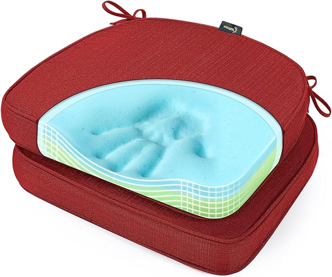 SUNROX Gel Memory Foam Chair Cushions, FadeShield Water-, Stain-Resistant Durable Reversible Seat Cushion Pads with Ties for Indoor/Outdoor Kitchen Dining Office, 19"x19", Set of 2, Burgundy