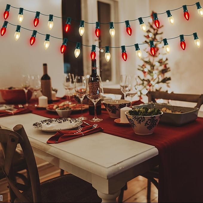 C7 LED Red and Frosted White Christmas Lights 25FT Outdoor Christmas Decorations String Lights with 27 Shatterproof LED Bulbs, Hanging Vintage Christmas Light for Outdoor Garden Wedding Roofline Patio