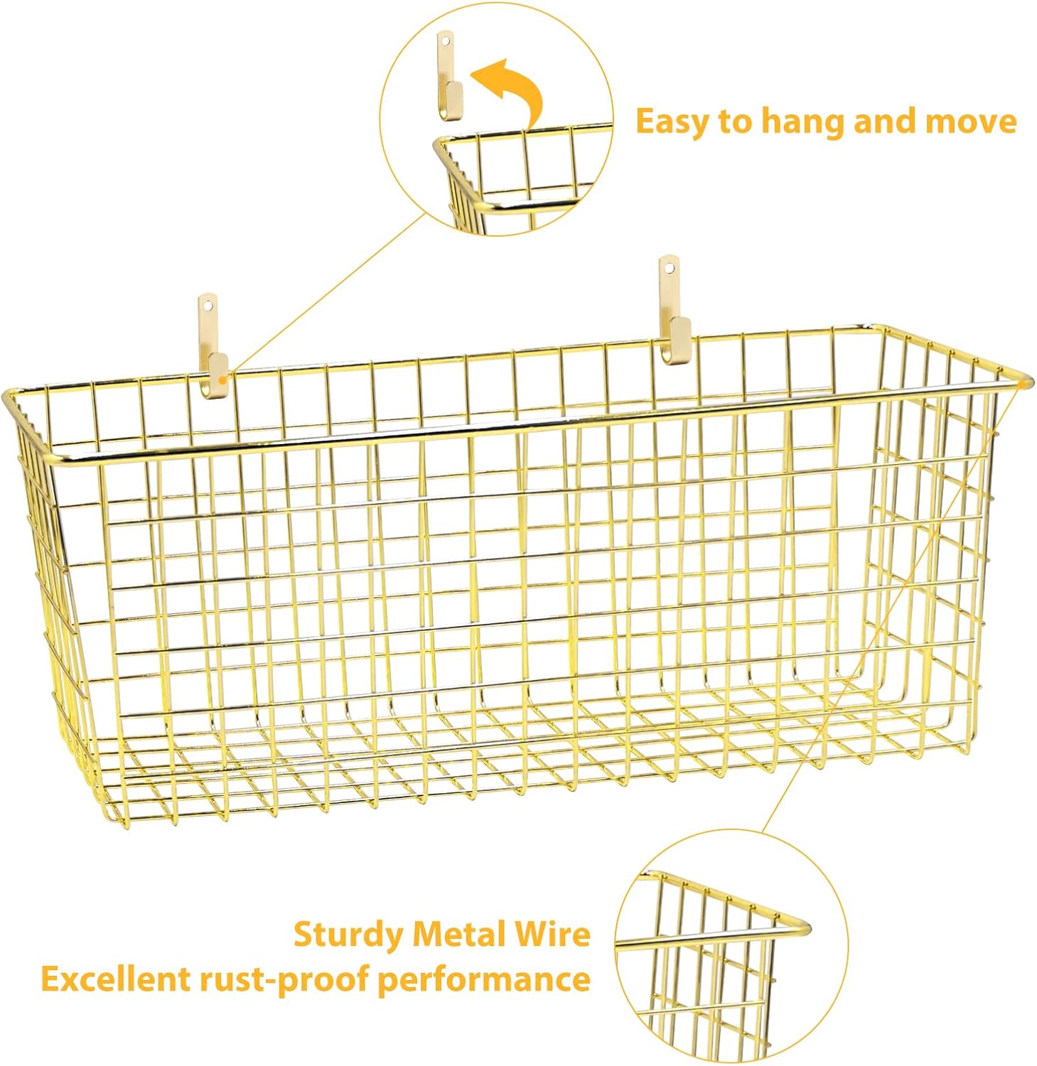 2 Sets Extra Large Hanging Wall Basket, Gold Metal Wire Baskets with Steel Hooks for Organizing, WallmountedFruit Vegetable Toy Snack Storage, Home Kitchen Bathroom Laundry Pantry Organizer
