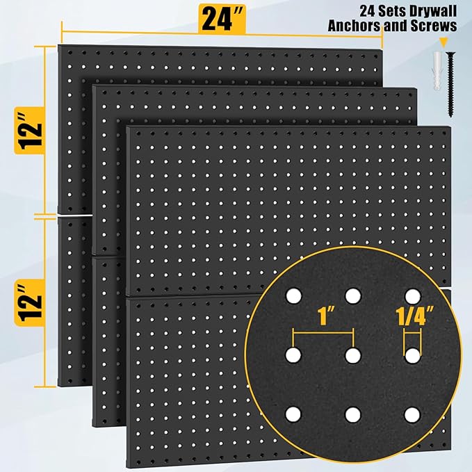 6 Pcs Metal Pegboard Panels, Heavy Duty Peg Boards for Garage and Garden Tool Storage, Includes Drywall Anchors and Screws Kits, Black