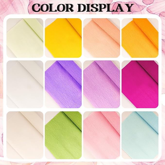12 Colors Crepe Paper Rolls 10 x 98 Inch Crepe Paper Sheets Assorted Streamers with Floral Stem Wire and Green Floral Tapes DIY Flower Wrapping Paper for Birthday Party Wedding Festival Decoration