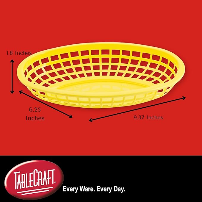 TableCraft C1074Y Oval Cash and Carry Basket, Yellow, Stackable Plastic Food Baskets, 9.31" x 6.18" x 1.88", Pack of 12, Dishwasher Safe