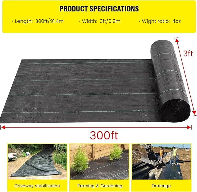 Driveway Fabric, 3x300 ft Road Fabric Commercial Weed Barrier Fabric, Landscape Fabric Heavy Duty 4OZ French Drain Fabric for Erosion Control,Landscape Fabric,Weed Barrier,Construction Projects