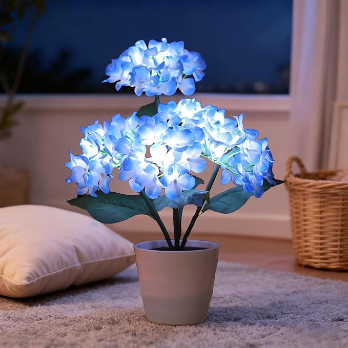 Blue Artificial Hydrangea LED Flower Pot - Lighted Floral Decor for Wedding, Christmas, Home Decor, Battery-Operated Night Light, Gift for Women