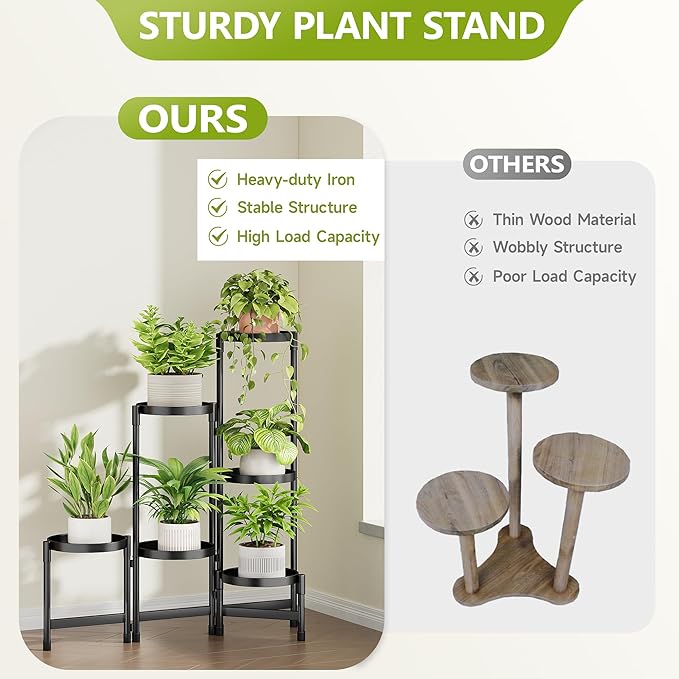 6 Tier Metal Plant Stand Indoor, Rotatable Corner Plant Shelf Outdoor, Tiered Flower Pot Display Stand, Black Multiple Plants Holder for Patio Living Room Balcony Garden Home Decor