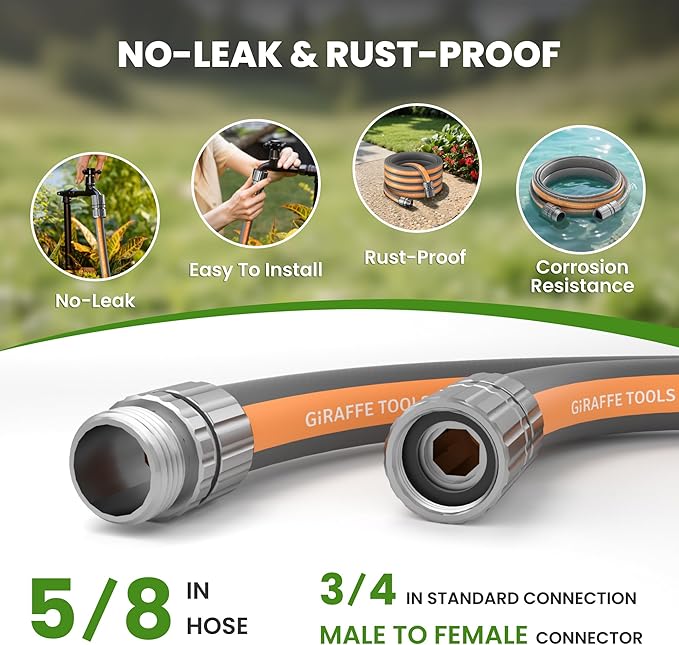 Giraffe Tools Garden Hose 50FT, 5/8" Lightweight Lay Flat Water Hose, Custom Length, Flexible, Leakproof Hybrid Hose Pipe with Male to Female Fitting