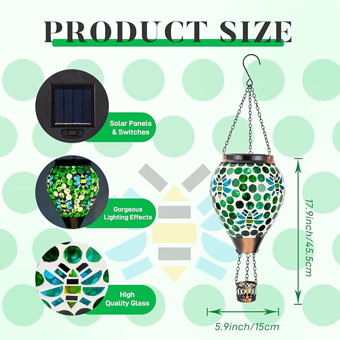 Bee Solar Hot Air Balloon Lantern Outdoor Waterproof, Green Mosaic Glass Hanging Solar Lantern Lights, Outdoor Hanging Lights for Patio Yard Garden Gift for Mom Grandma Women