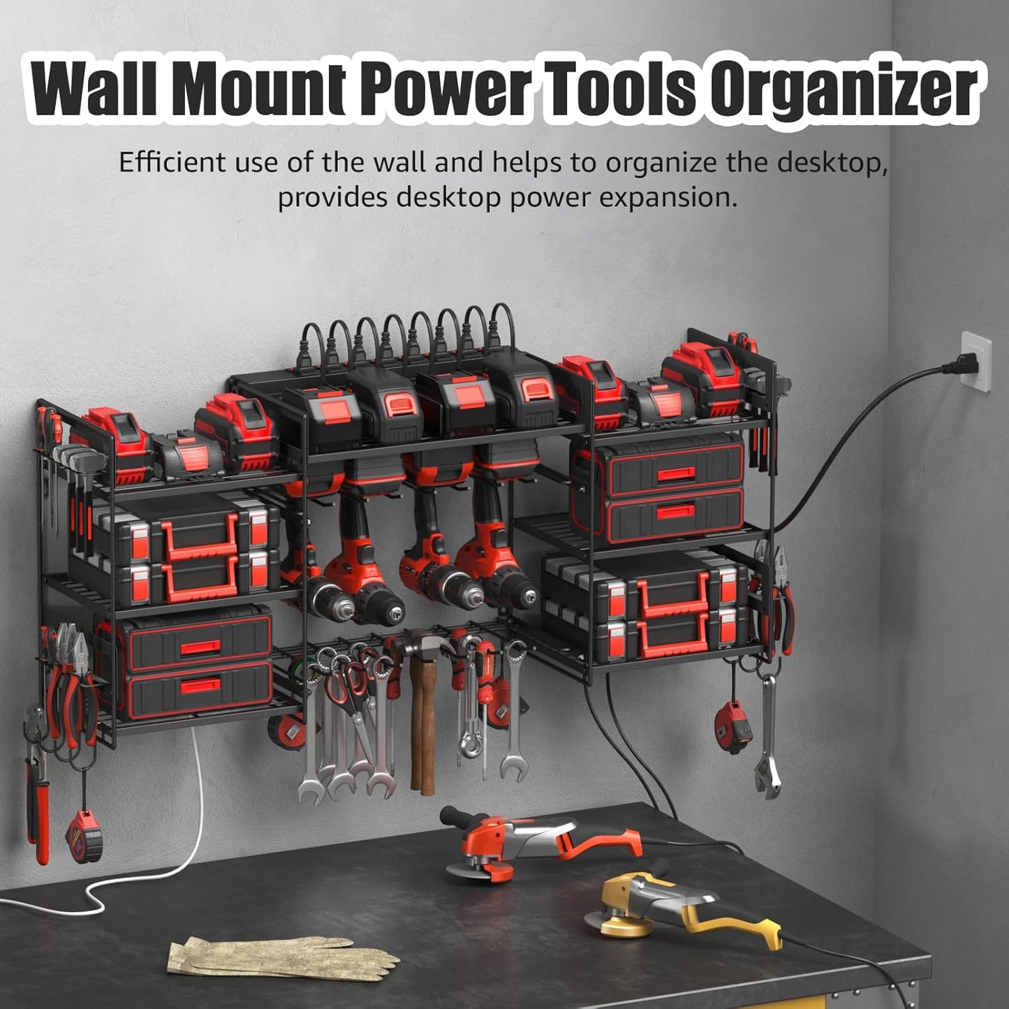 CCCEI Black Power Tool Organizer Wall Mount, Large Tools and Battery Storage Rack Charging Station Individual Switches. Drills Holder, Garage Utility Shelves with 10FT Power Strip. Gift for Men.