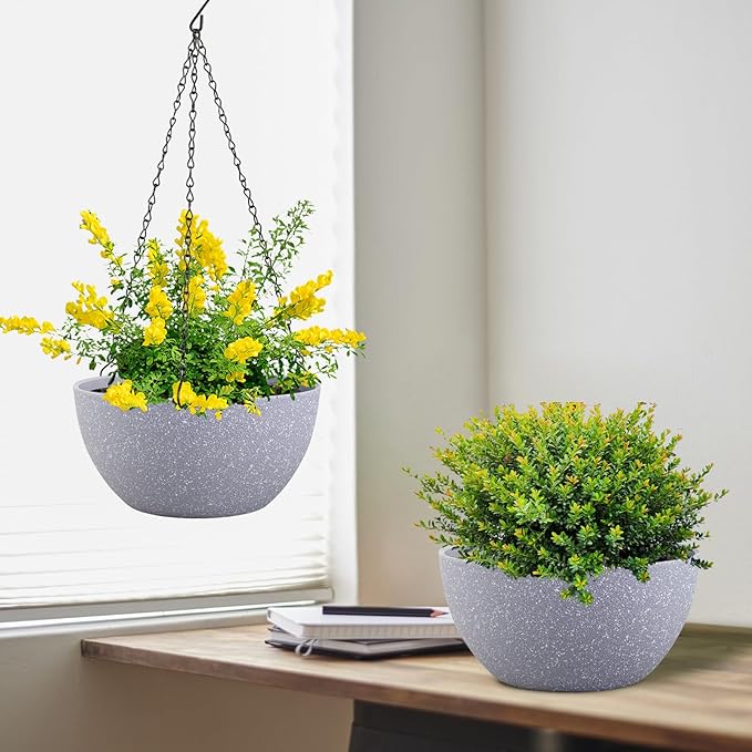 8 inch Small Hanging Planters for Indoor Outdoor Plants, 2 Pack Hanging Flower Pots with Drainage Holes and Chain for Garden Porch, Plastic Hanging Baskets for House Plants, Speckled Grey