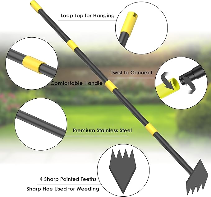 Dual Headed Hoe Garden Tool, Hoe Cultivator Gardening Tool, 17-59" Adjustable Long Handle Heavy Duty Scuffle Hoe with Rake Tiller Cultivator for Weeding, Digging, Loosening Soil, Sowing