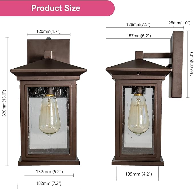 Dusk to Dawn Outdoor Wall Lantern, Exterior Wall Sconce Fixture with Tempered Clear Seeded Glass, Oil Rubbed Bronze (ORB) Finish for Outdoors (Medium Wall Mount - 2 Pack)