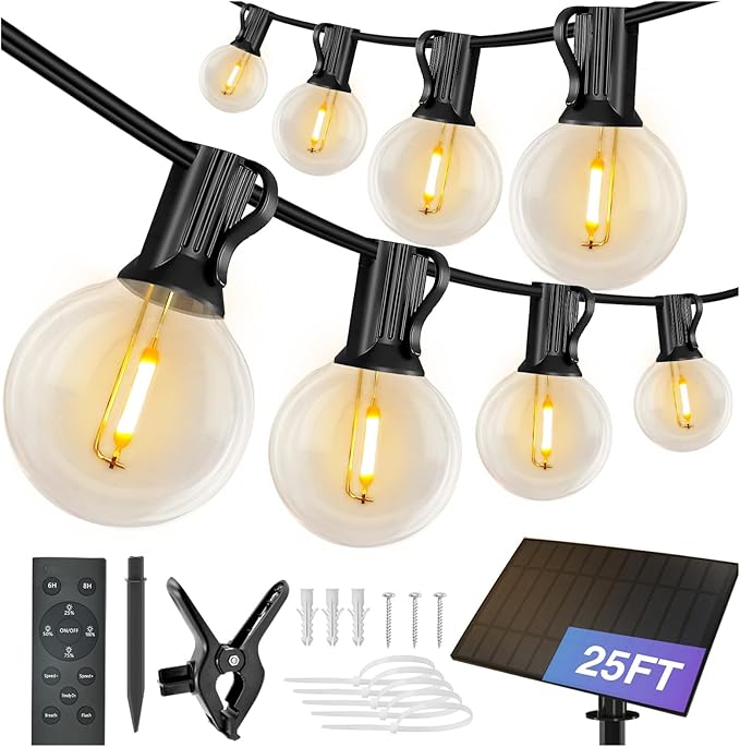 DAYBETTER 25FT Solar String Lights for Outside Waterproof with Remote,12 LED Shatterproof Bulbs Dimmable&Timer, Solar Patio Lights 3 Installation(Clips/Stakes/Nails) for Outdoor Porch Garden Market