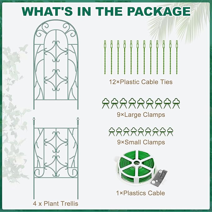 4 Pack Metal Garden Trellis for Climbing Plants,Green Metal Garden Trellis for Vines Plant Rose Vegetable Support,Large Decorative Outdoor Trellis