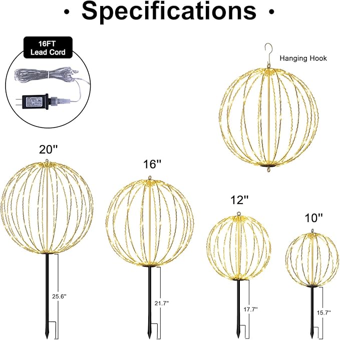 Christmas Ball Sphere, 10IN 48LED Hanging Tree and Pathway Light With Hook and Stake, Foldable Metal Frame for Outdoor Garden, UL Listed, White Frame, Warm White