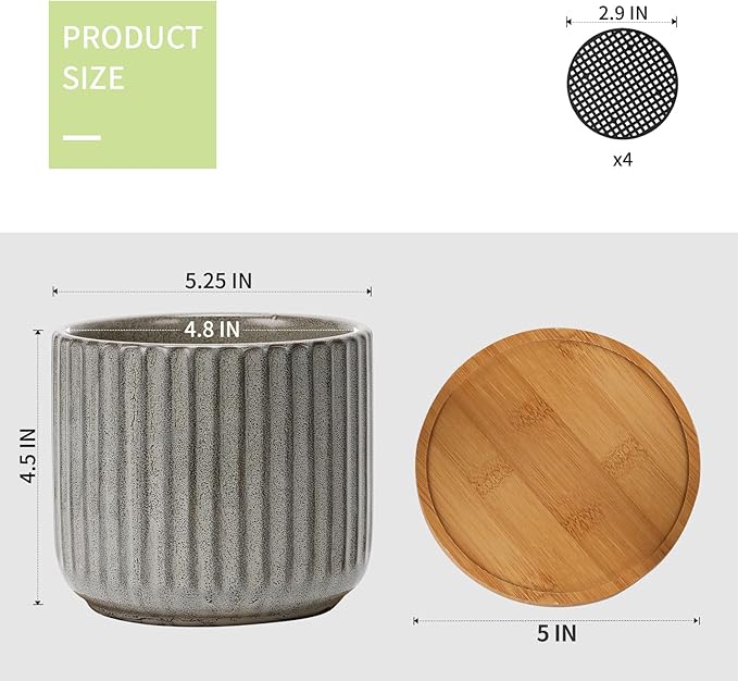 5.25 Inch Ceramic Plant Pots with Drainage Holes and Trays, Vertical Stripes Planter Pot with Saucers for Indoor Flowers, Succulent, Snake Plants, Cactus & Herbs, Grey-Green, Set of 4