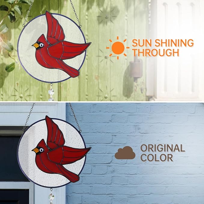 Cardinal Stained Glass Suncatchers for Windows Hangings Decorative,Red Love Birds Sun Catchers with Crystal Indoor Ornaments,Memorial Gifts for Women,Sun Catchers