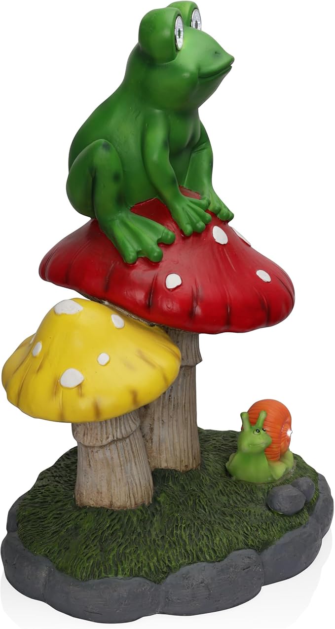 Alpine Corporation ZEN390SLR-L Frog on Mushroom Statue with LED Lights, Solar-Powered LED Frog Garden Statue, 24" H, Green