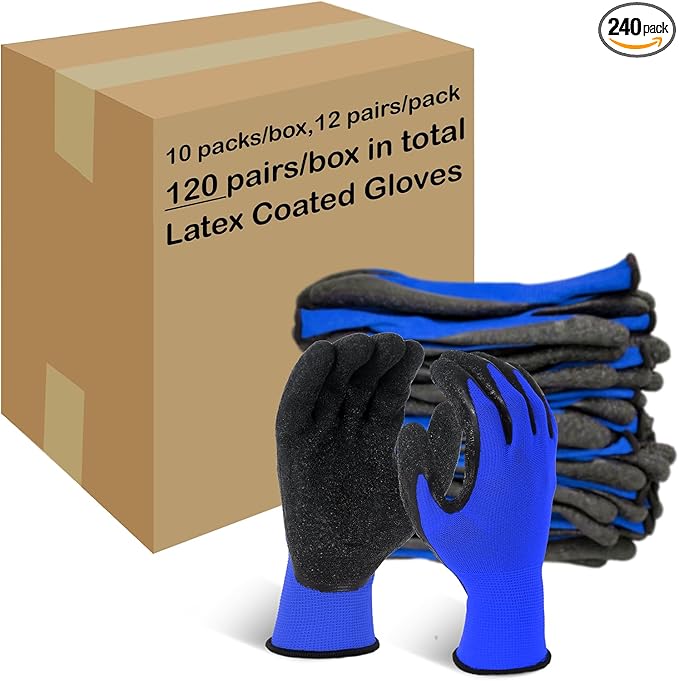 Evridwear Crinkle Latex Rubber Hand Coated Safety Work Gloves for Men Women General Multi Use Construction Warehouse Gardening Assembly Landscaping (XK-Size) Blue 120 Pairs Pack