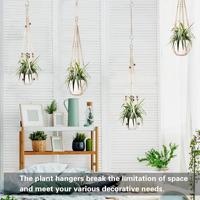 Augshy Macrame Plant Hanger, 2Pcs Hanging Plant Holder with Extender Plant Hangers for Indoor Outdoor Decor Macrame Hanging Planter Basket with 4 Hooks