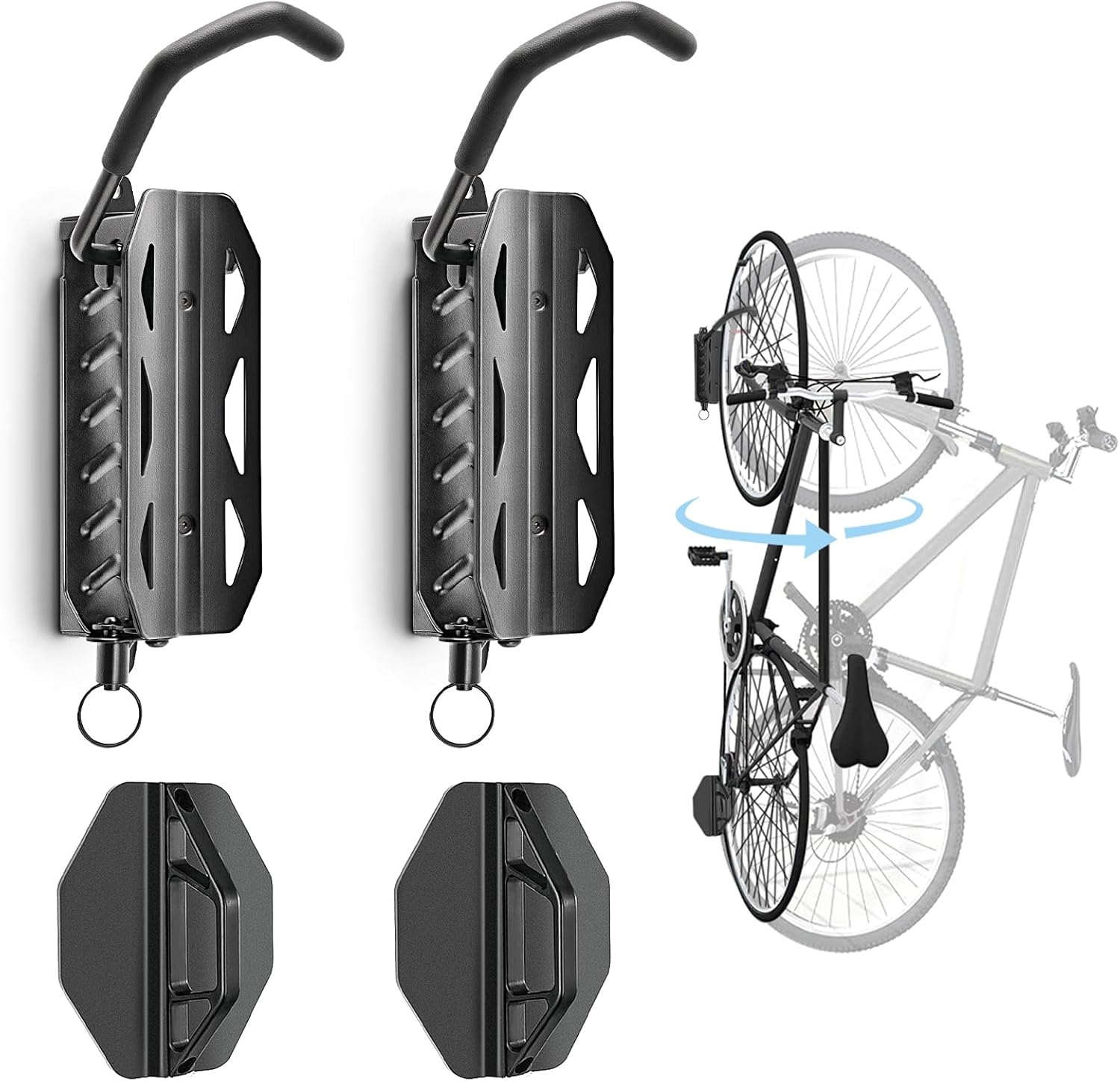 QAQ Swivel Bike Wall Mount, Vertical Bike Rack Garage Holds Up to 66lbs, Bike Hooks for Garage Space-Saving, Easy to Install - 2 Pack